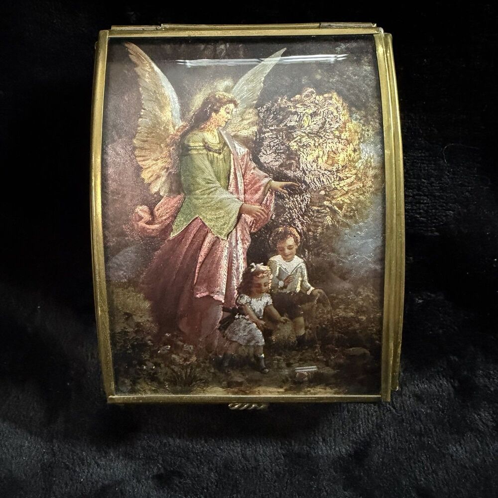 Guardian Angel Vintage Enesco Trinket Jewelry Box Iridescent Gold Brass Mirrored